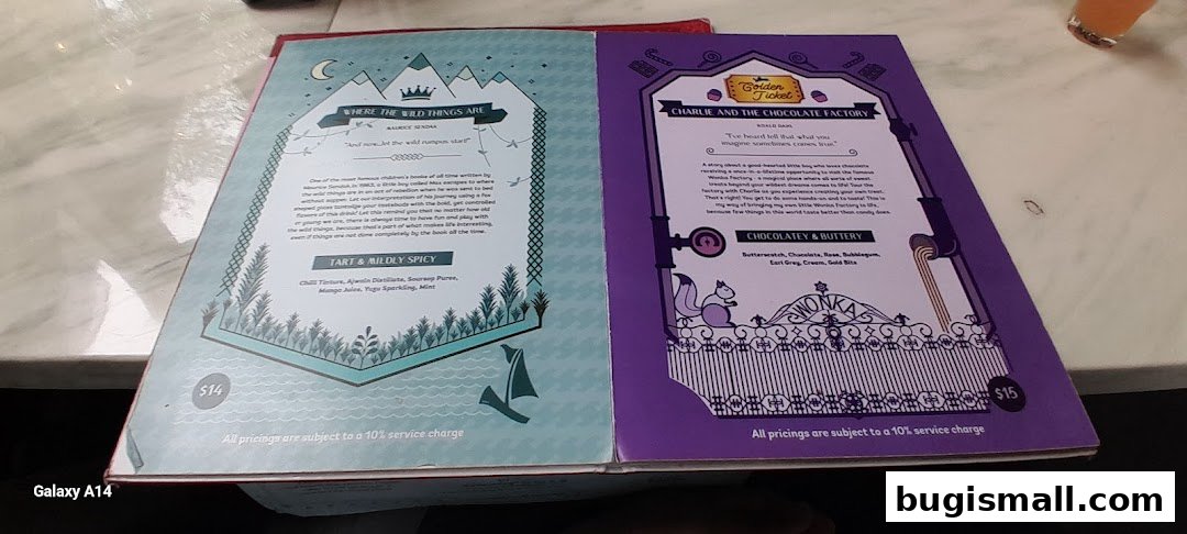 A menu with two distinct sections, one themed around 'Where the Wild Things Are' and the other 'Charlie and the Chocolate Factory'.