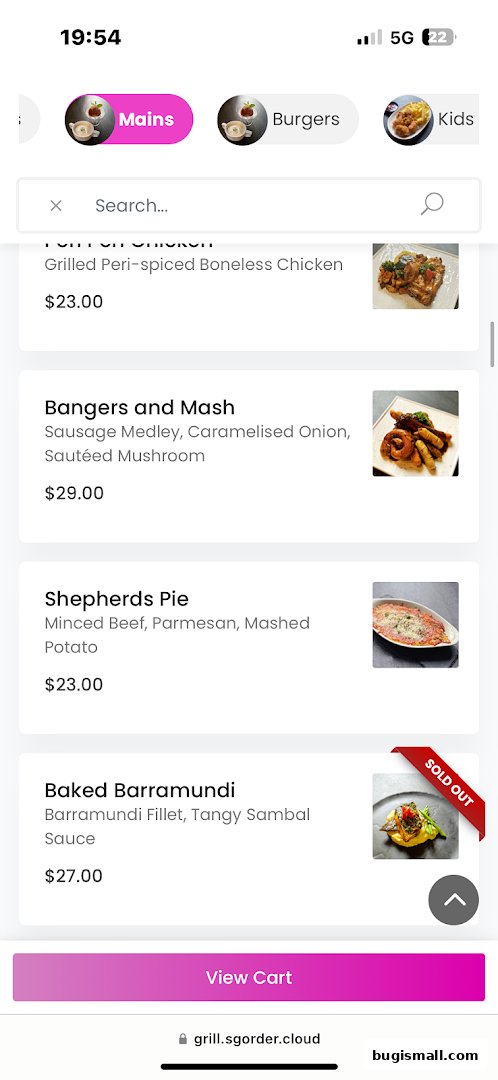 A mobile screen displaying a food menu with categories like Mains, Burgers, and Kids.