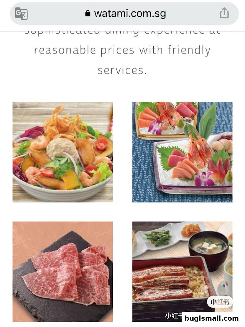 A collage of four Japanese food dishes, including a salad, sashimi, beef slices, and an eel rice bowl.