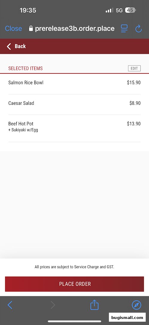 A screenshot of an online order page showing selected Japanese food items and their prices.