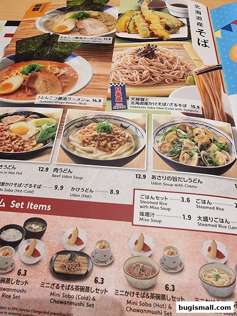 A menu showcasing various Japanese noodle dishes, including ramen, soba, and udon, with prices and descriptions.