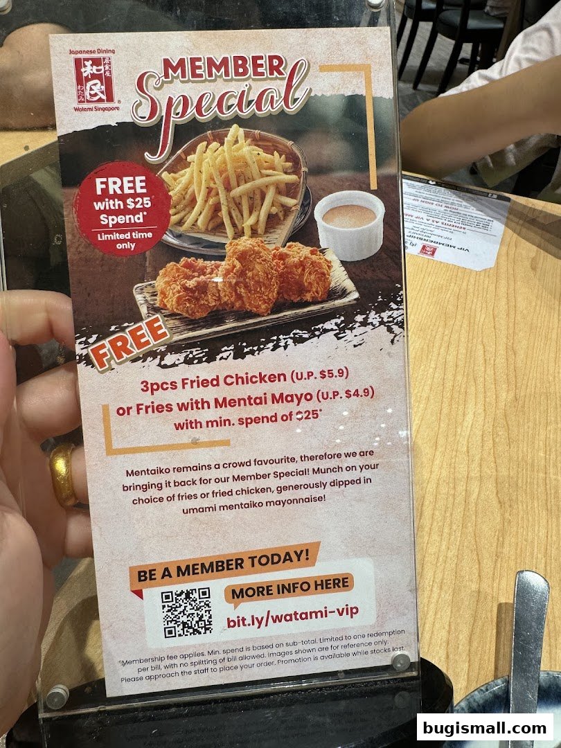 A menu special offering free fried chicken or fries with mentai mayo for members spending $25.