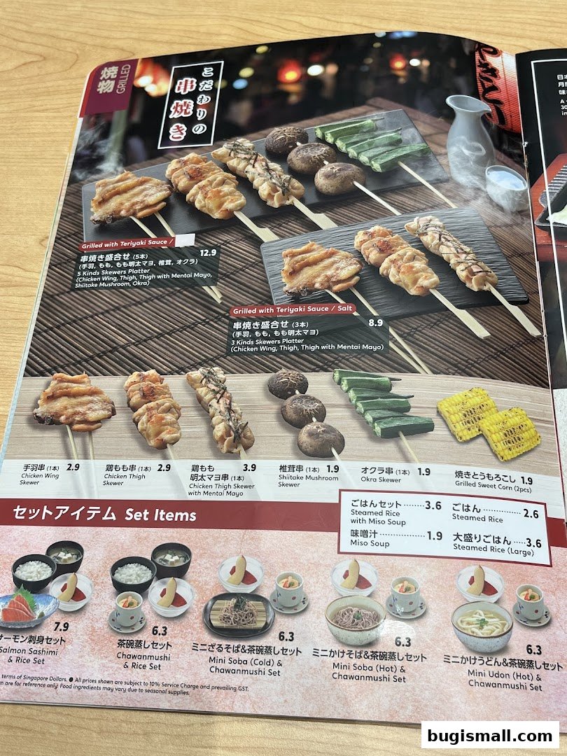 A menu page showcasing various Japanese grilled skewers and set meals with prices.