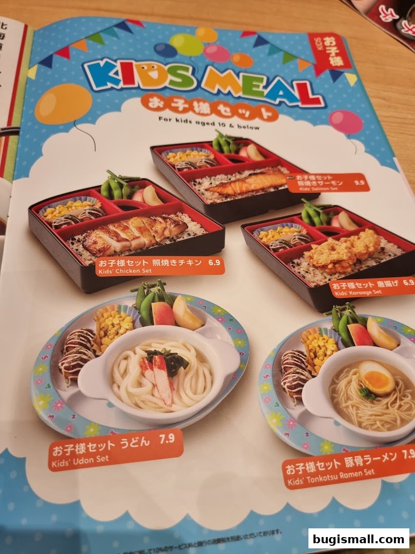 A menu page showcasing various kids' meal options with colorful illustrations and food photography.