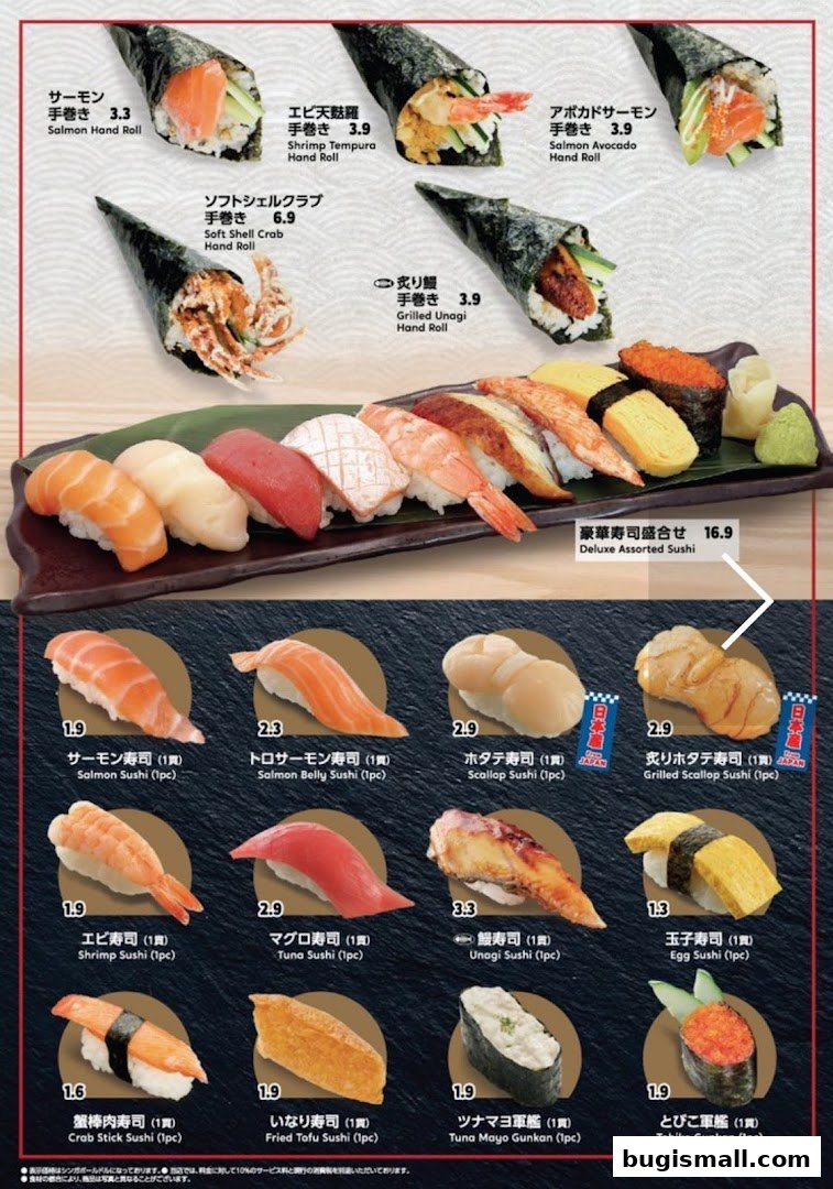 A menu showcasing various sushi and hand roll options with prices and images.