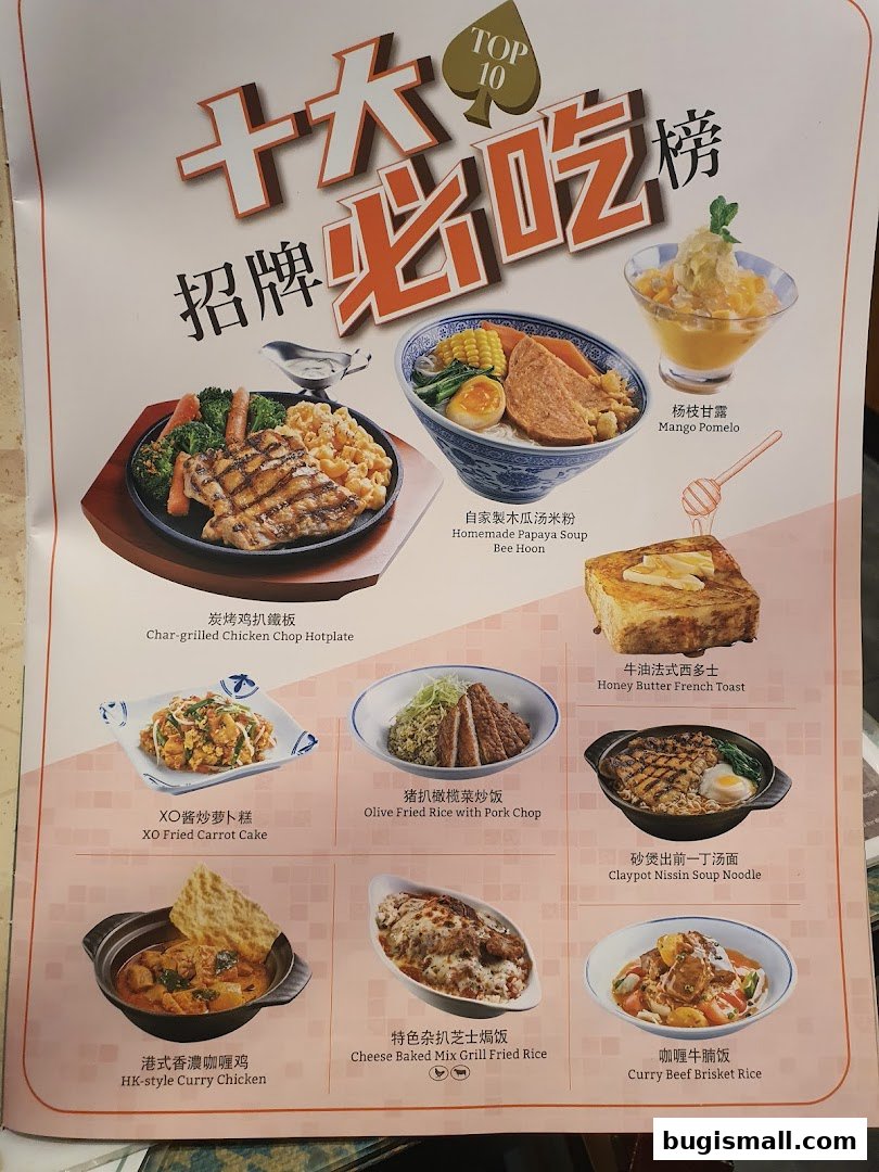 A menu showcasing popular Hong Kong cafe dishes with appealing food photography.