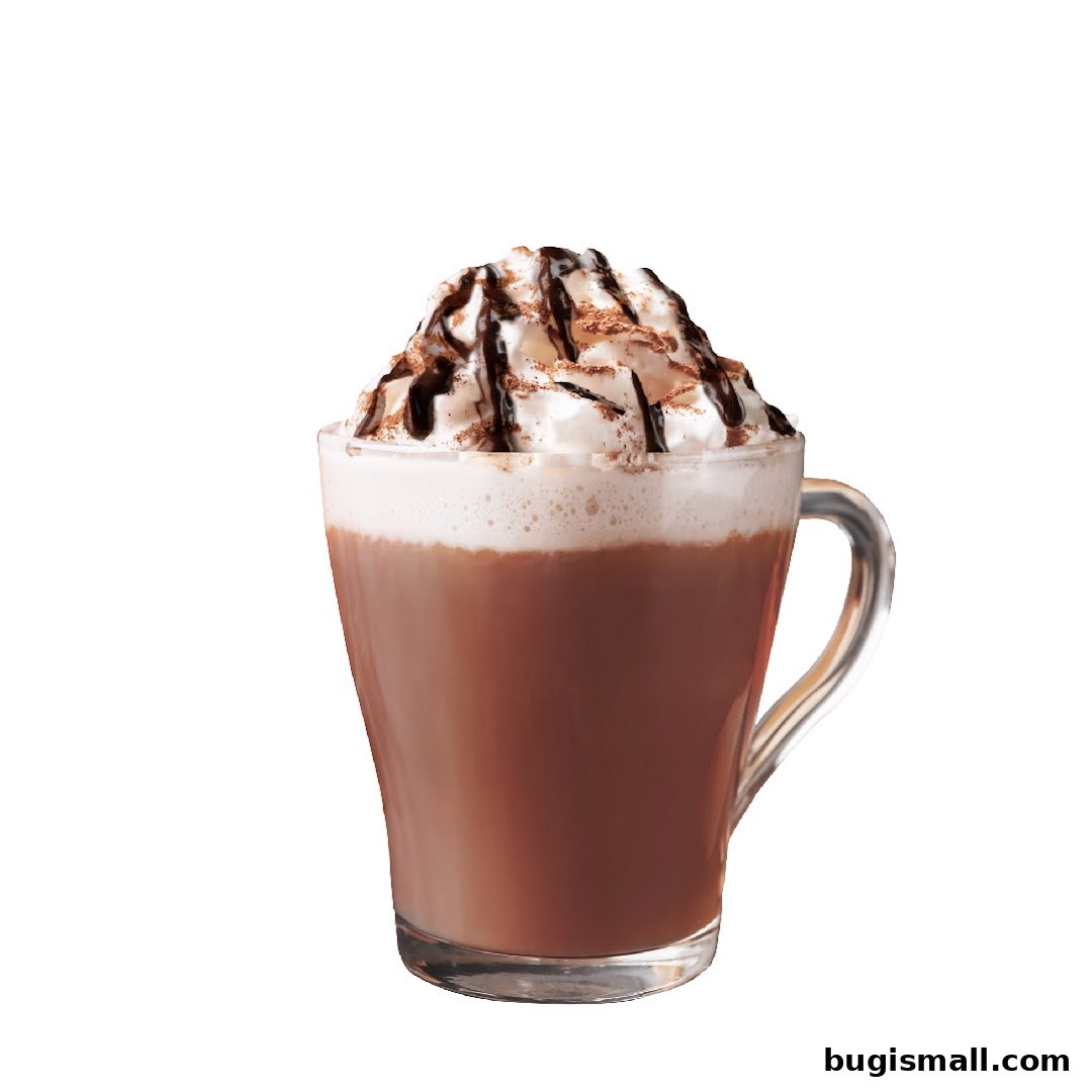A delicious hot chocolate topped with whipped cream and chocolate syrup.