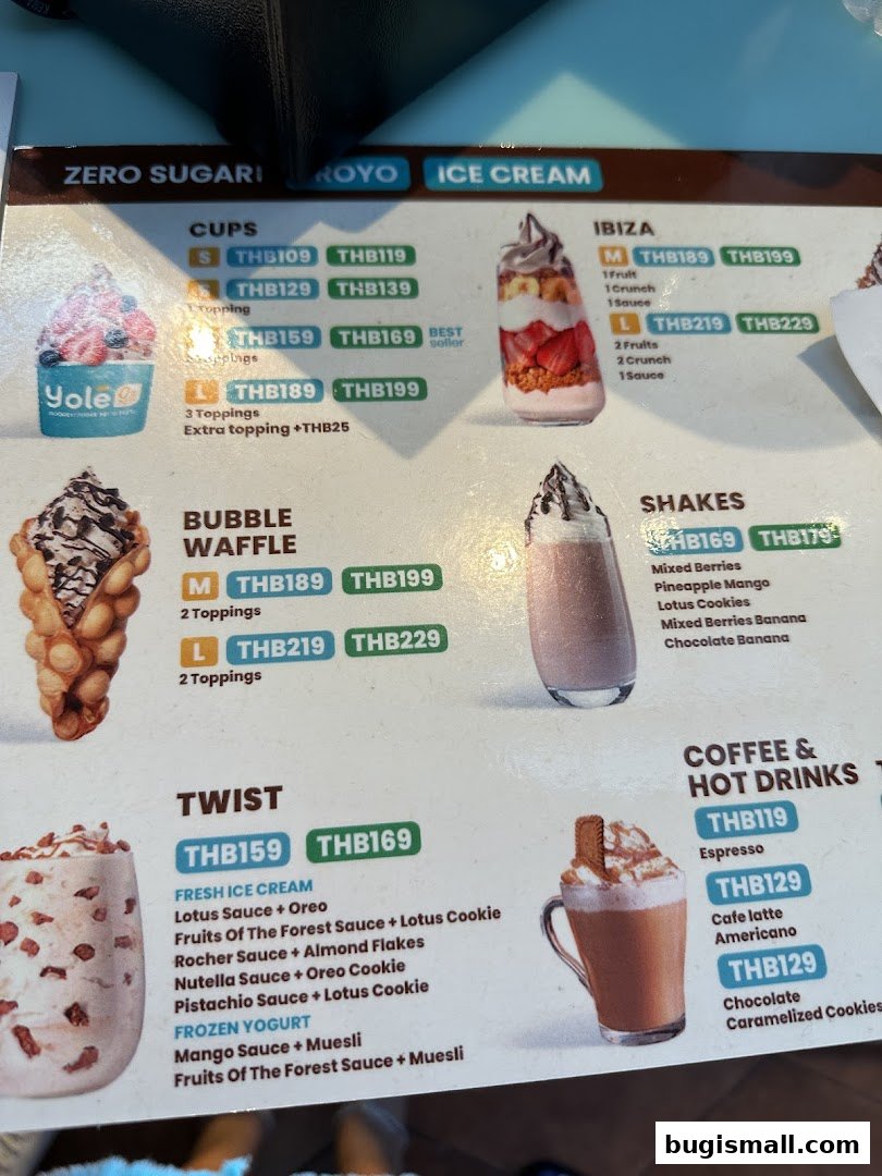 A menu showcasing various frozen yogurt and ice cream desserts with prices and descriptions.