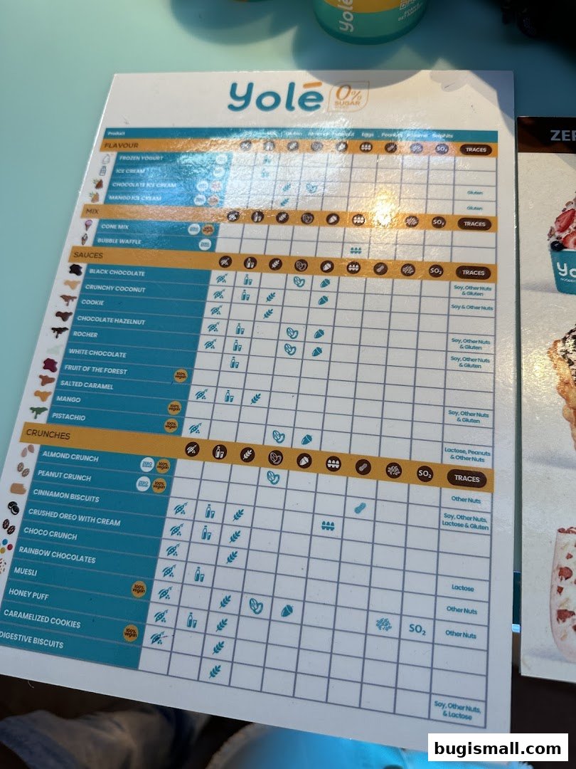 A menu from Yolé showcasing flavors, mixes, sauces, and crunches with allergen information.