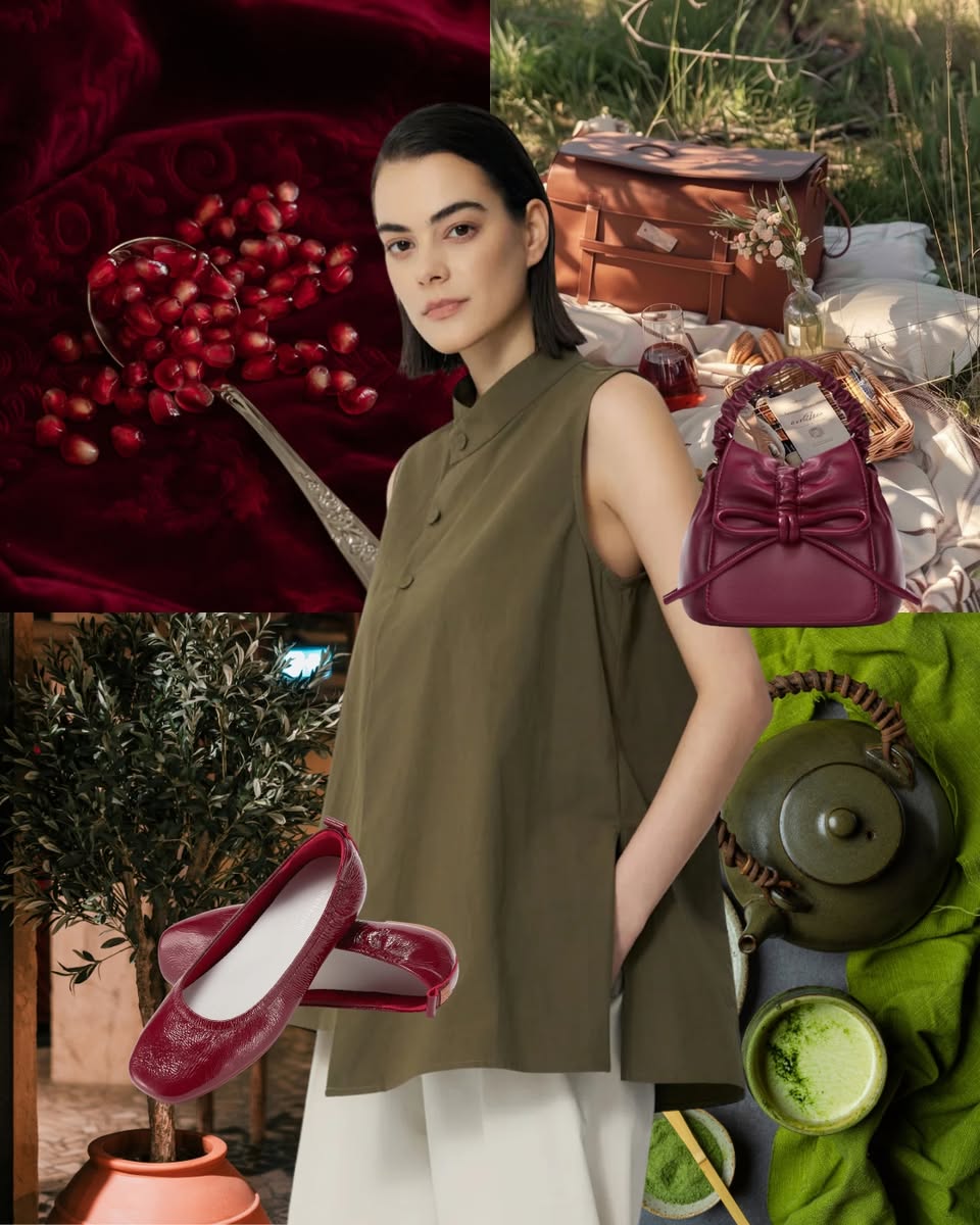 Burgundy and olive green colour theory fashion collage