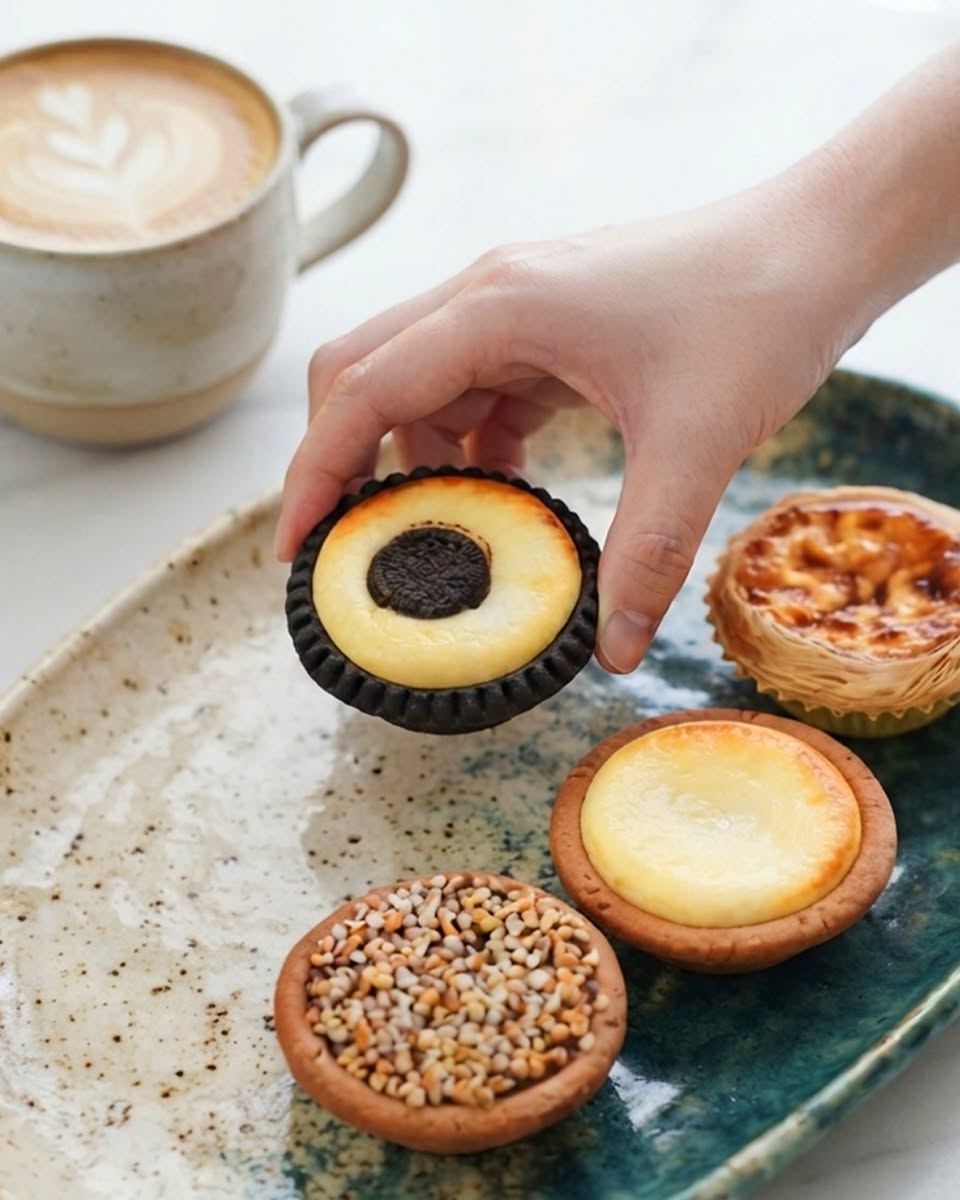Assorted mini tarts and a latte with leaf art on a tray