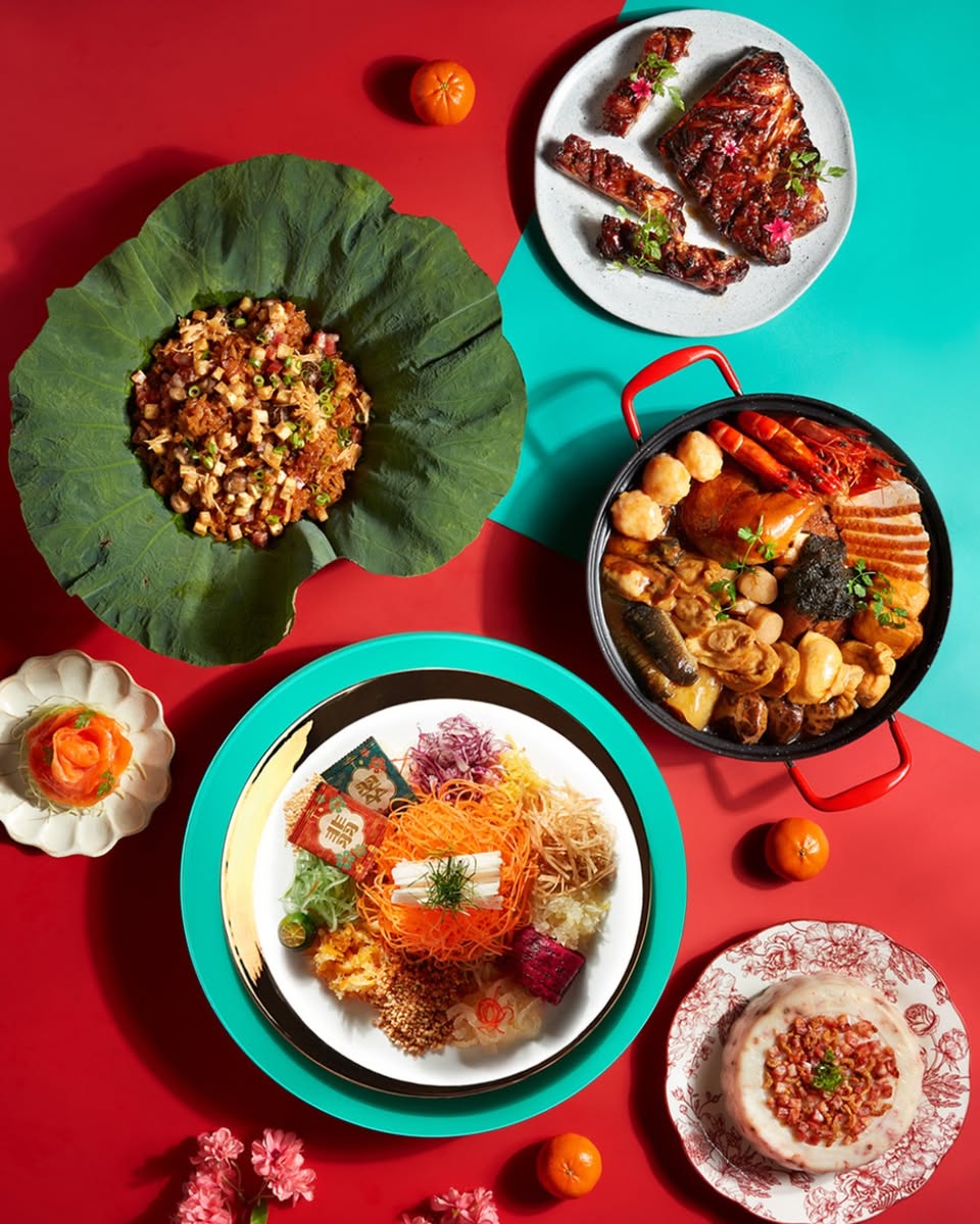 Festive Chinese New Year decorations and food